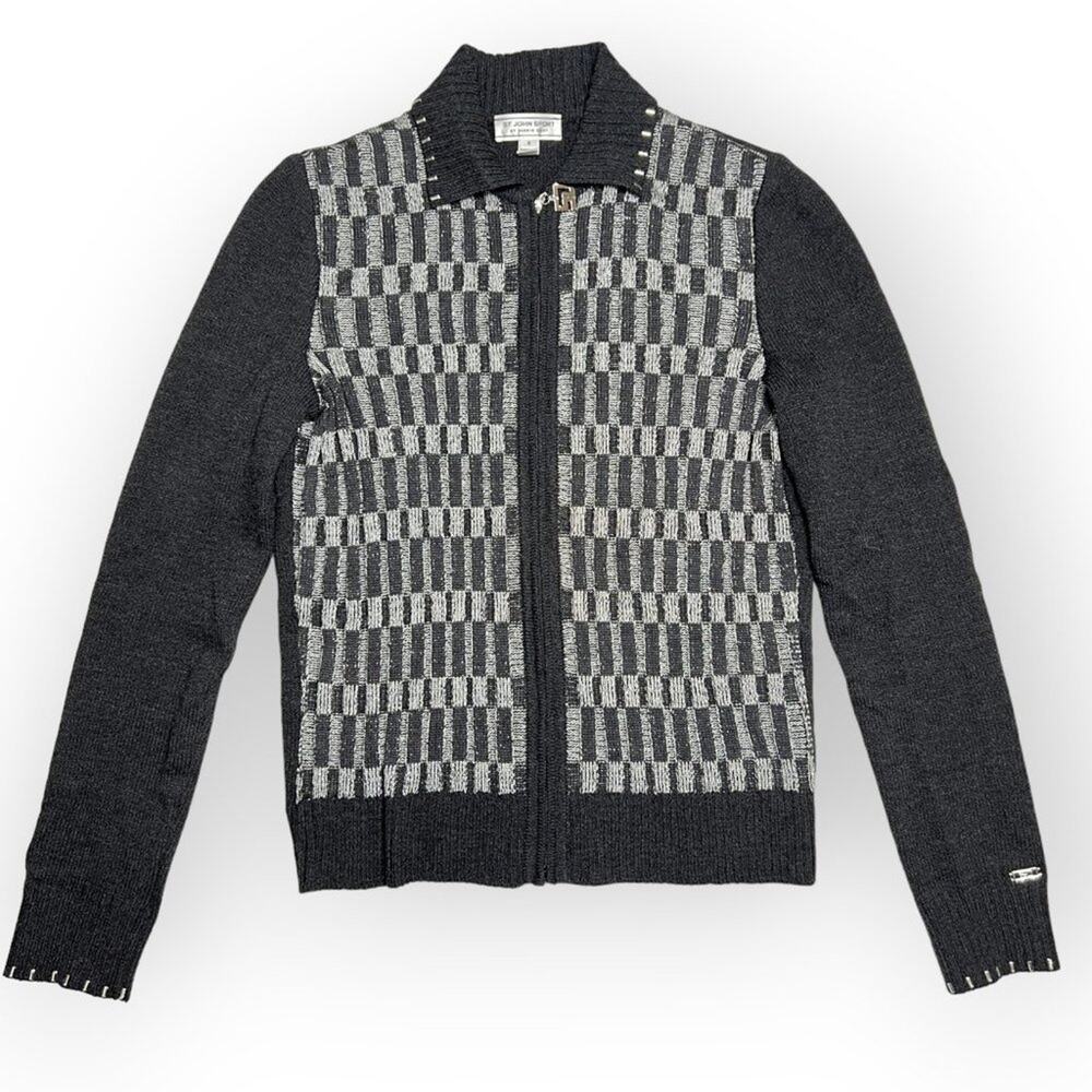 St. John Sport Marie Wool Blend Cardigan SIZE S Gray Silver Studded Full Zip